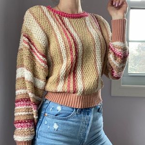 Pink and Beige Striped Free People Cropped Sweater
